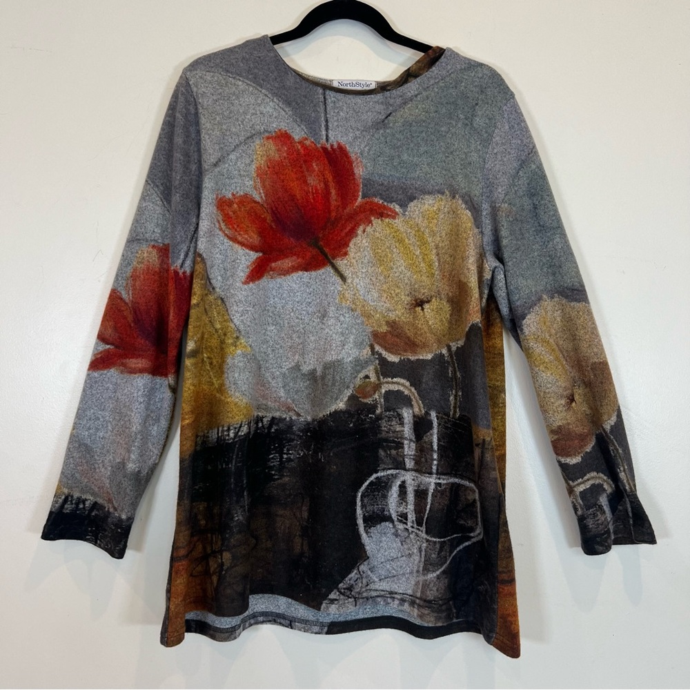 NorthStyle Gray Floral Knit Sweater Top - Red & Yellow Tulip Print